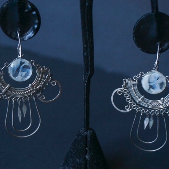 Silver Wire Moonstone Dangle Earrings 2" x 2-3/4" - Picture 2 of 8